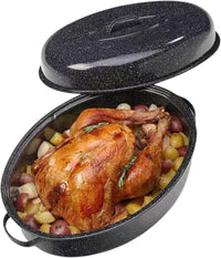 16Inch Roasting Pan With Lid Medium Turkey Roaster Pan Granite bowl Oval Enamel Steel Roaster Pot,Suitable for Chicken,Beef, Free of PFOA,Holiday Gifts