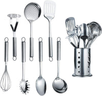 Berglander Cooking Utensil Set 8 Piece, Stainless Steel Kitchen Tool Set with Stand,Cooking Utensils, Slotted Tuner, Ladle, Skimmer, Serving Spoon, Pasta Server,Potato Maseher, Egg Whisk. (8 Pieces)