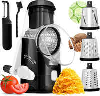 BASSWOOD Rotary Cheese Grater with Handle - Mandoline Slicer with 3 Stainless Steel Drum Blades-Vegetable Slicer Walnuts Grinder Cheese Shredder Round Mandoline with Peeler (Black)