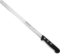Arcos Salmon Knife/Fish Knife 11 Inch Nitrum Stainless Steel and 290 mm blade. Ergonomic Polyoxymethylene POM Handle. Series Universal. Long, sturdy blade and serrated edge. Easily cuts. Color Black
