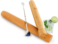 Drink Muddler for Cocktails (2 10" Muddlers w/Long Cocktail Spoon) Bamboo Grooved & Beechwood Flat Headed Wooden Muddler for Home Bar Accesories