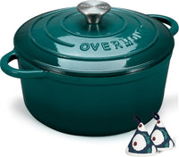 Overmont Enameled Cast Iron Dutch Oven - 5.5QT Pot with Lid Cookbook & Cotton Potholders - Heavy-Duty Cookware for Braising, Stews, Roasting, Bread Baking red