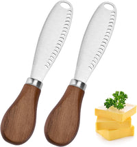 Blingbin 2 Pack Butter Knife, Stainless Steel Butter Spreader Knife with Wooden Handle, 3 in 1 Butter Knives with Serrated Edge, Butter Grater Kitchen Gadgets for Cutting and Spreading Cheese Jam