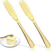 3 In 1 Multi-Function Gold Butter Knife for Cold Butter, Peanut Butter, Sandwich, Bagel, Jams, Shea Butter Knife, Cheese Curler and Spreaders Set (2 PCS)