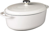 Lodge 7 Quart Enameled Cast Iron Oval Dutch Oven with Lid – Dual Handles – Oven Safe up to 500° F or on Stovetop - Use to Marinate, Cook, Bake, Refrigerate and Serve – Oyster White
