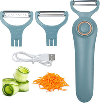 3-in-1 Electric Peeler Fruits and Vegetables Cordless for Kitchen, Handheld Julienne Blade Slicer Tool Set for Potatoes Cucumber Apples Carrot, Electrico Automatic Stainless Steel Pro Gadgets-Blue