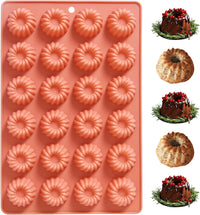 Mini Bundt Cake Silicone Pan, 24-Cavity Nonstick Fluted Tube Cake Pan for Baking, Donuts Silicone Mold for Mousse Cupcake Chocolate Jelly Pudding Dessert (11.8 x 7.6 x 0.7 inches), Terracotta
