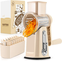 SUSTEAS Rotary Cheese Grater with Handle - Vegetable Shredder with 5 Well-designed Blades & Strong Suction Base,Round Mandoline Slicer & Food Chopper for Kitchen,with Blade Storage Box(Retro Green)
