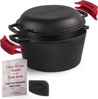 Cuisinel Cast Iron Skillet + Lid - 2-In-1 Multi Cooker - Deep Pot + Frying Pan - 3-Qt Dutch Oven - Pre-Seasoned Oven Cookware - Works for Bread, Indoor/Outdoor, Grill, Stovetop and Induction