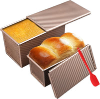 2 Pack Pullman Loaf Pan with Lid, 1 lb/0.5 lb Dough Capacity for Homemade Bread, Non-stick Corrugated Carbon Steel Bread Toast Box with Cover for Bakeware, Sandwich & Toast Oven Baking, Gold