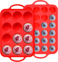 Regular 12 Cup and Mini 24 Cup Nonstick Cupcake Pan Set Silicone Muffin Pan for Baking Silicone Cupcake Mold with Metal Reinforced Frame BPA Free (2 Pcs, Cream)