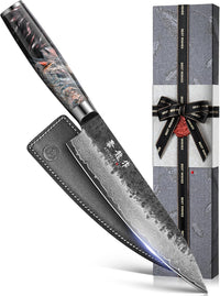 Japanese Chef Knife, 8 Inch Damascus Kitchen Knife with VG10 Steel Core, Professional Black Forged Kitchen Knives with Ergonomic Handle, Leather Sheath & Luxury Gift Box, Cooking Gifts for Men Women