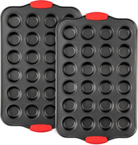 Mini Muffin Pan, 24 Cavity Cupcake Pan, Nonstick Baking Pan, Heavy Duty Small Muffin Tin with Silicone Grip Handles, Set of 2