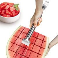 CripsTaste Watermelon Cutter with Retractable Fork, 2-in-1 Stainless Steel Fruit Cutter Watermelon Cutter Slicer Tool, Melon Slicer Cutter Tool for Home Party Camping Kitchen Gadget