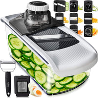 Fullstar Mandoline Slicer for Kitchen, Fruit Cutter, Cheese Grater, Cucumber Slicer, Veggie Spiralizer, Food Cutter & Kitchen Gadgets with Safety Glove (6 in 1, White)
